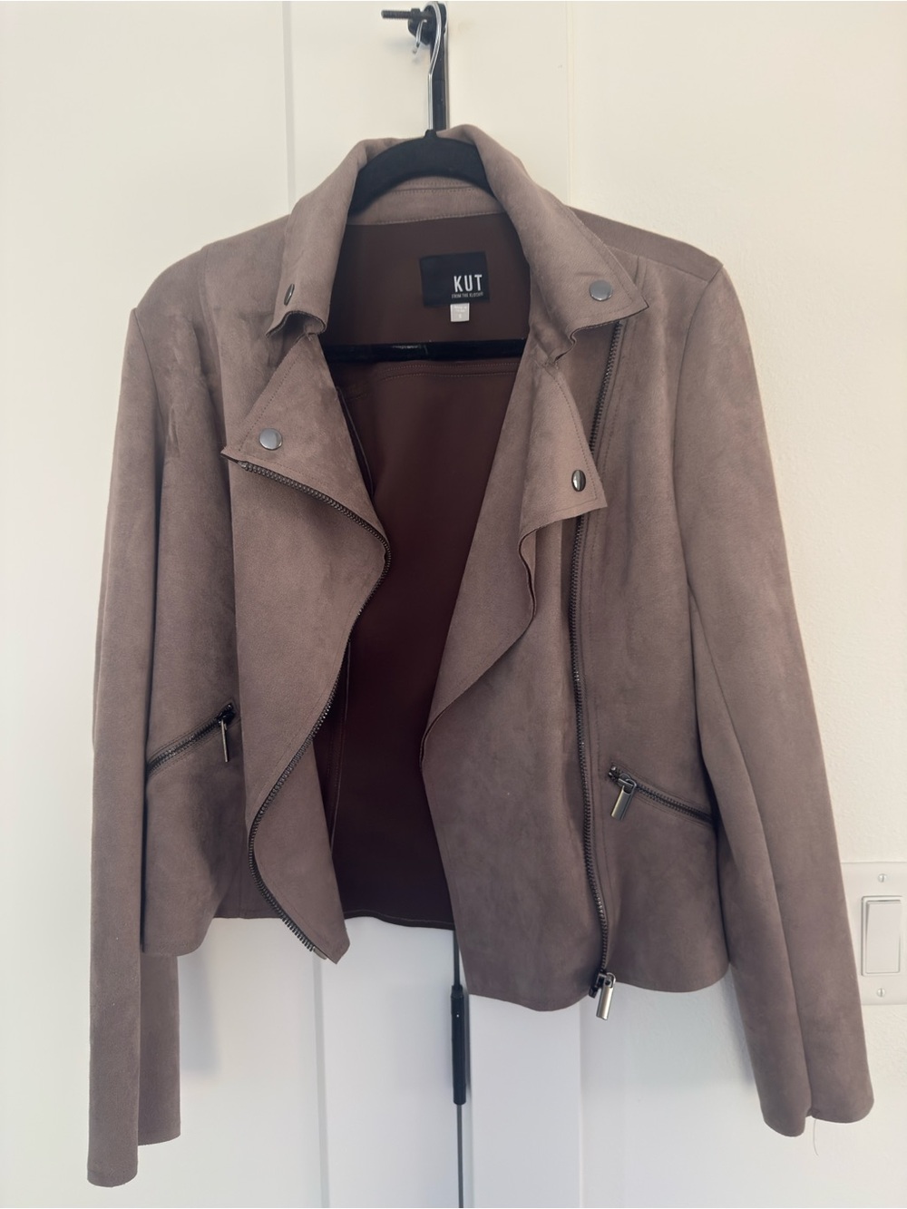 Kut from the Kloth taupe moto-style suede jacket